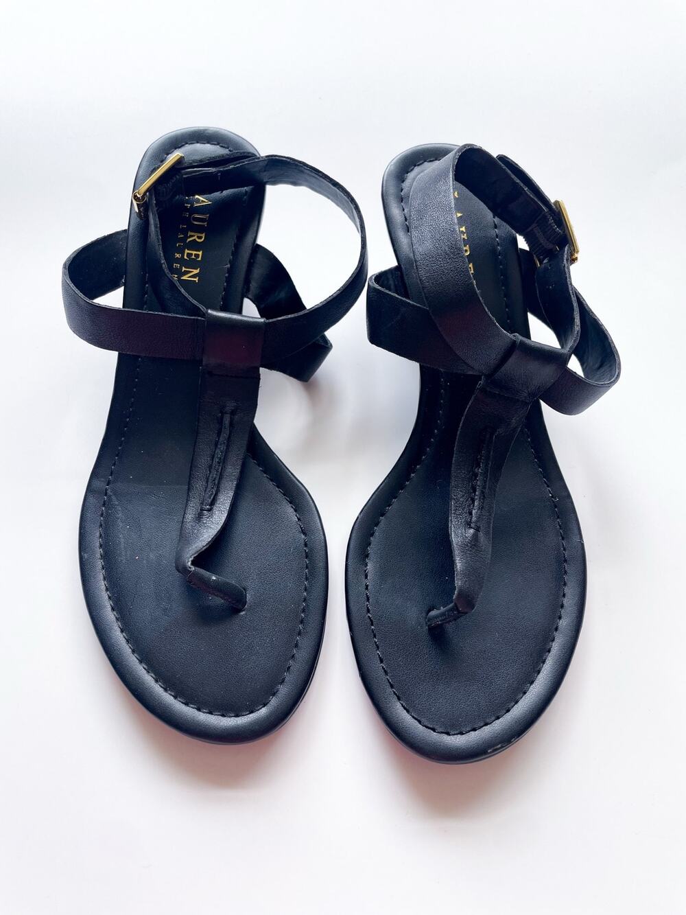 Women's Lauren Ralph Lauren Linda Black Leather Wedge T-Strap Sandals Size 7.5
